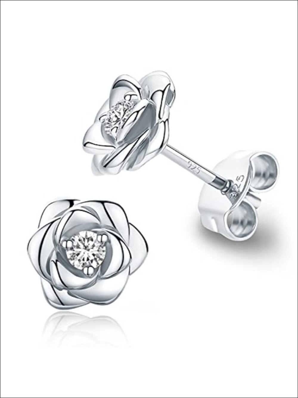 925 Sterling Silver Rose Flower Stud Earrings 18K White Gold